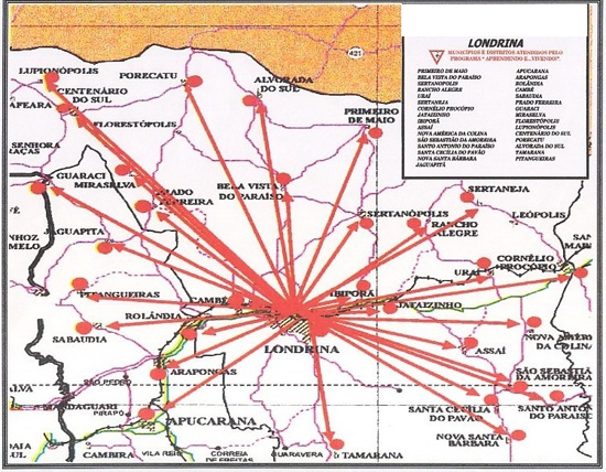 Mapa dos municípios atendidos pela EPET/Londrina