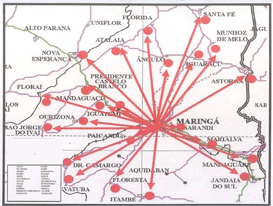 Mapa dos municípios atendidos pela EPET/Maringá