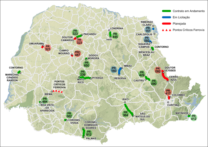Contratos em Andamento, em Licitação, Planejadas e Pontos Críticos Ferrovia