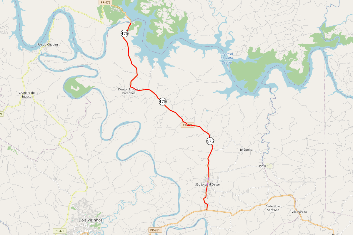Mapa da PR-475 entre Usina Salto Osório e São Jorge d'Oeste