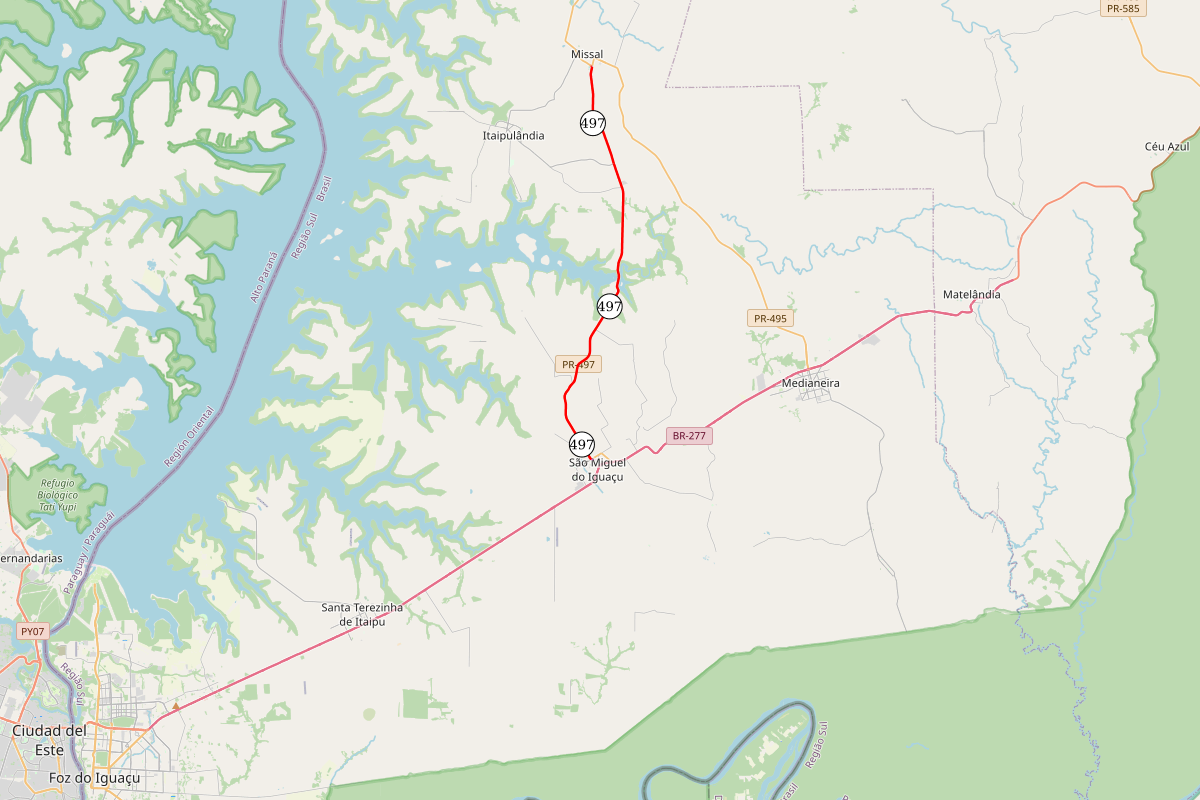 Mapa da PR-497 entre Missal e São Miguel do Iguaçu
