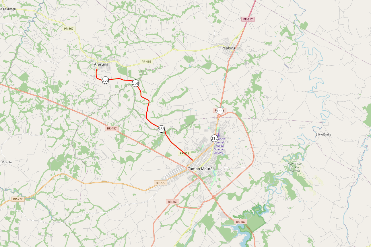 Mapa indicando trecho da PR-558 entre Campo Mourão e Araruna