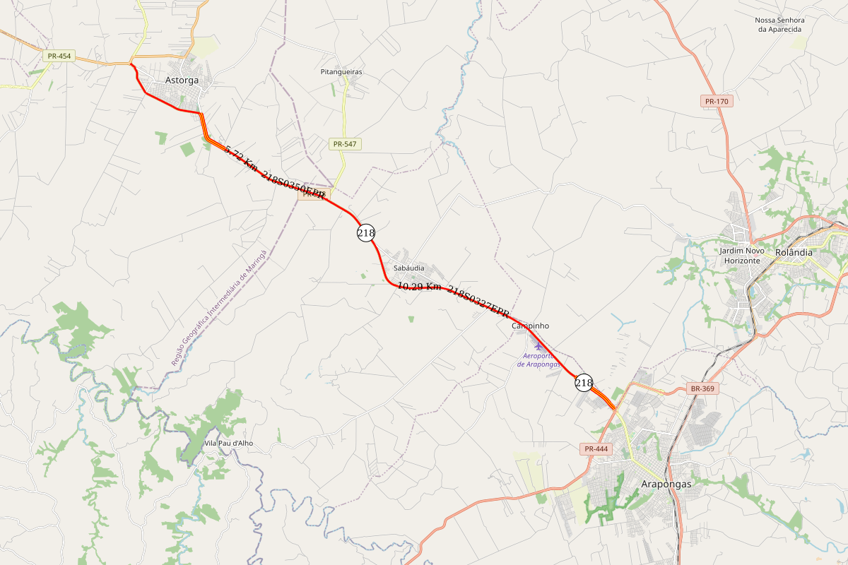 Mapa do trecho da PR-218 entre Arapongas e Astorga