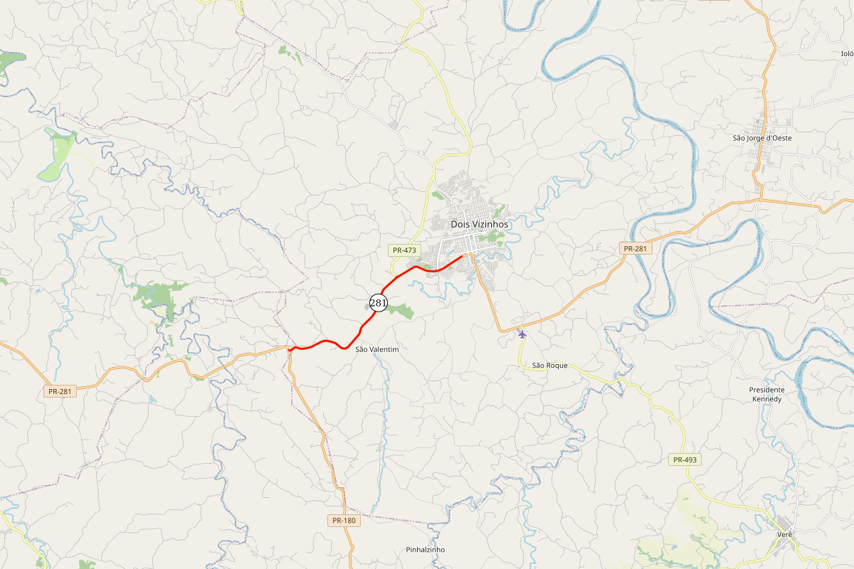 Mapa indicando trecho atendido da PR-281 em Dois Vizinhos