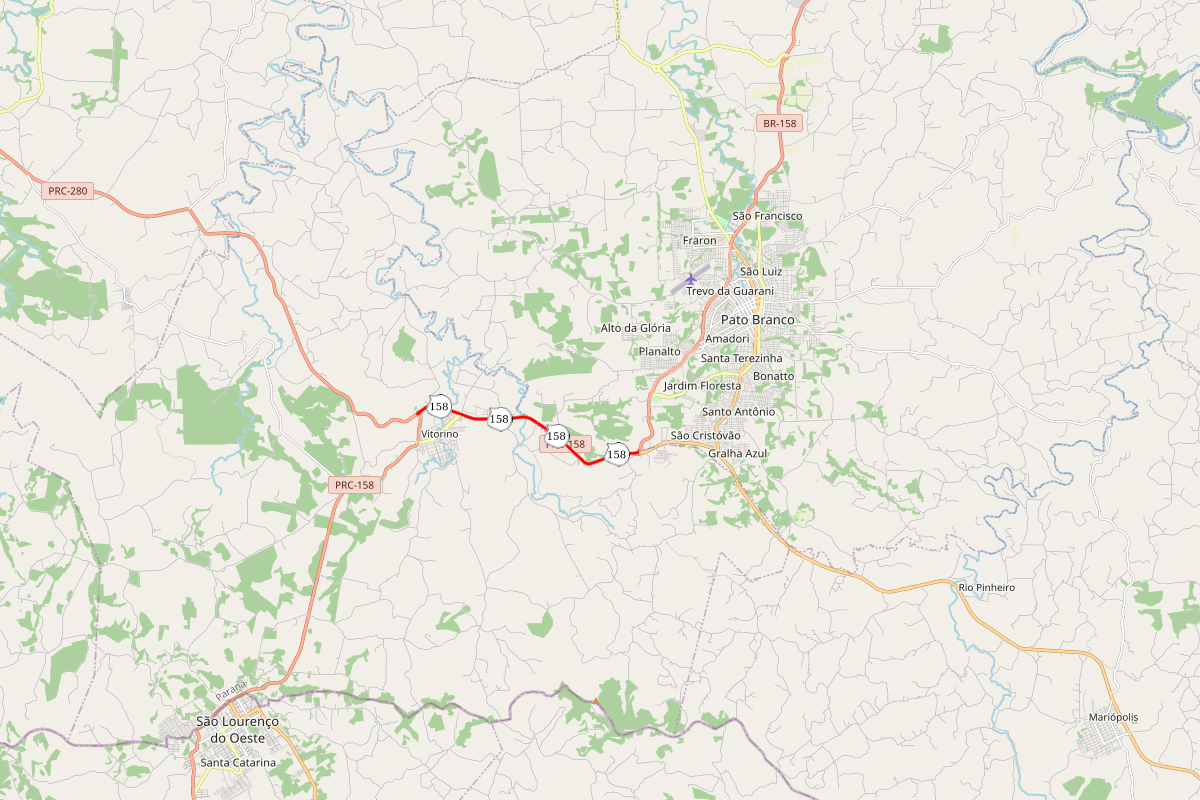 Mapa indicando o trecho da PRC-158 entre Pato Branco e Vitorino