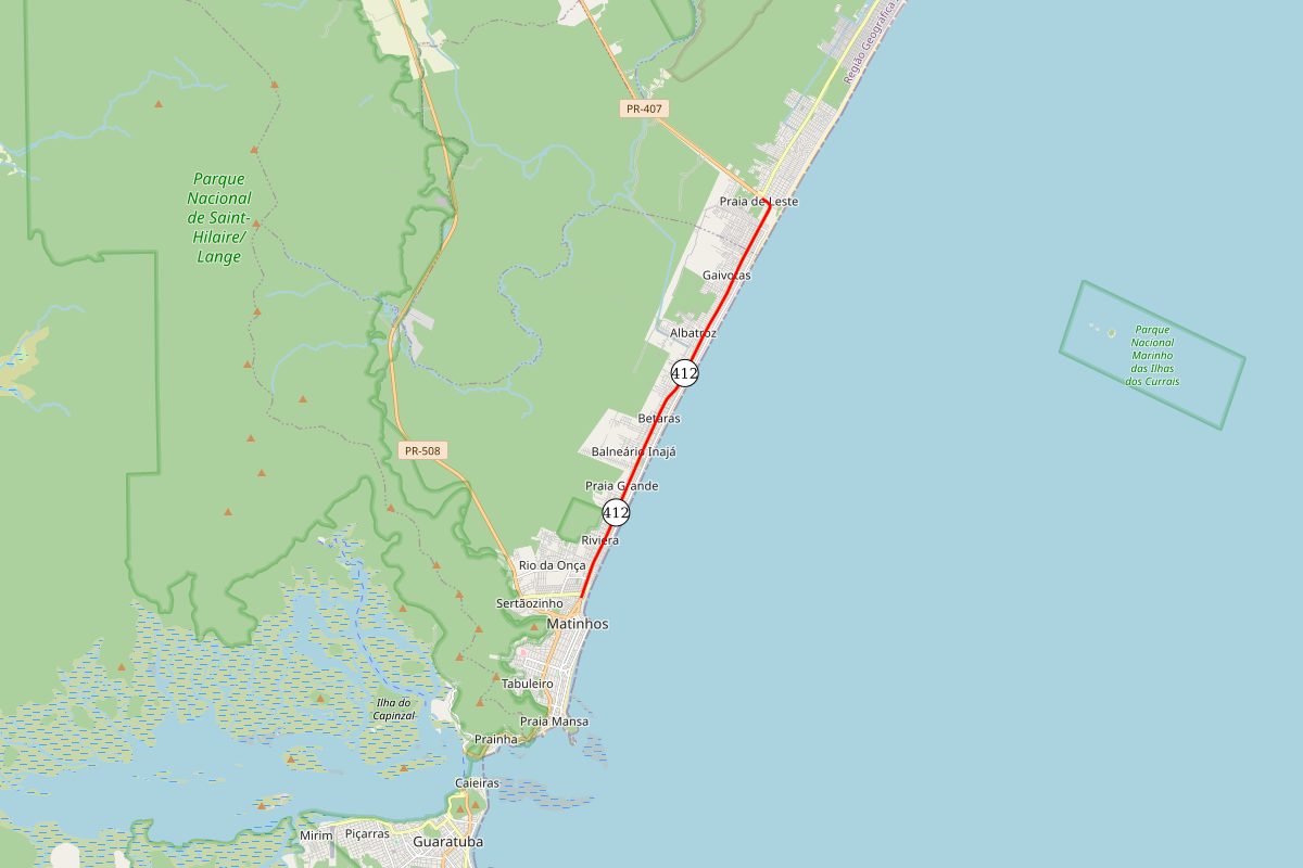 PR-412 entre Matinhos e Praia de Leste - mapa do trecho