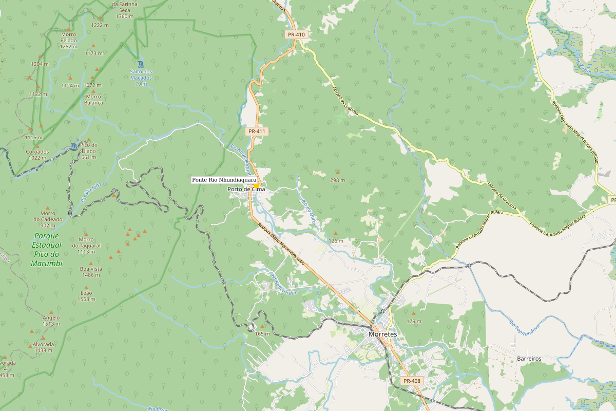 Mapa indicando a ponte sobre o Rio Nhundiaquara em Porto de Cima, PR-411