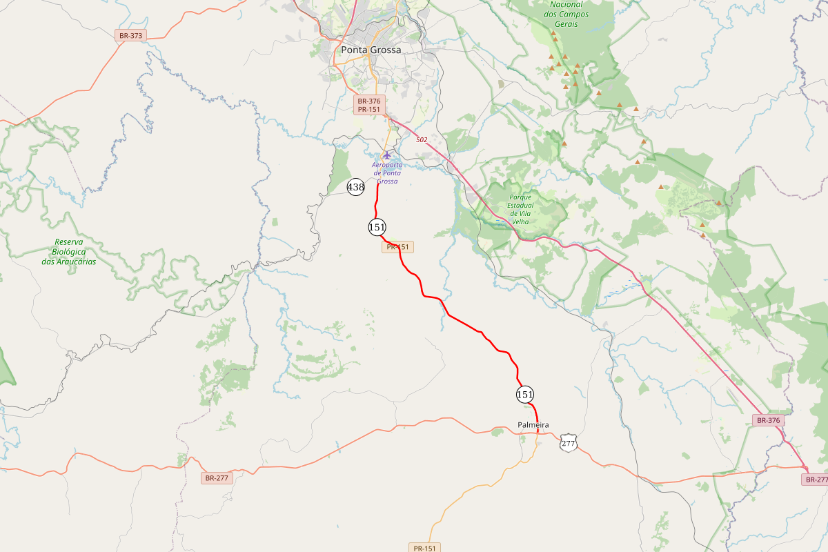 Mapa indicando trecho da PR-151 contemplado na obra de restauração e ampliação da capacidade