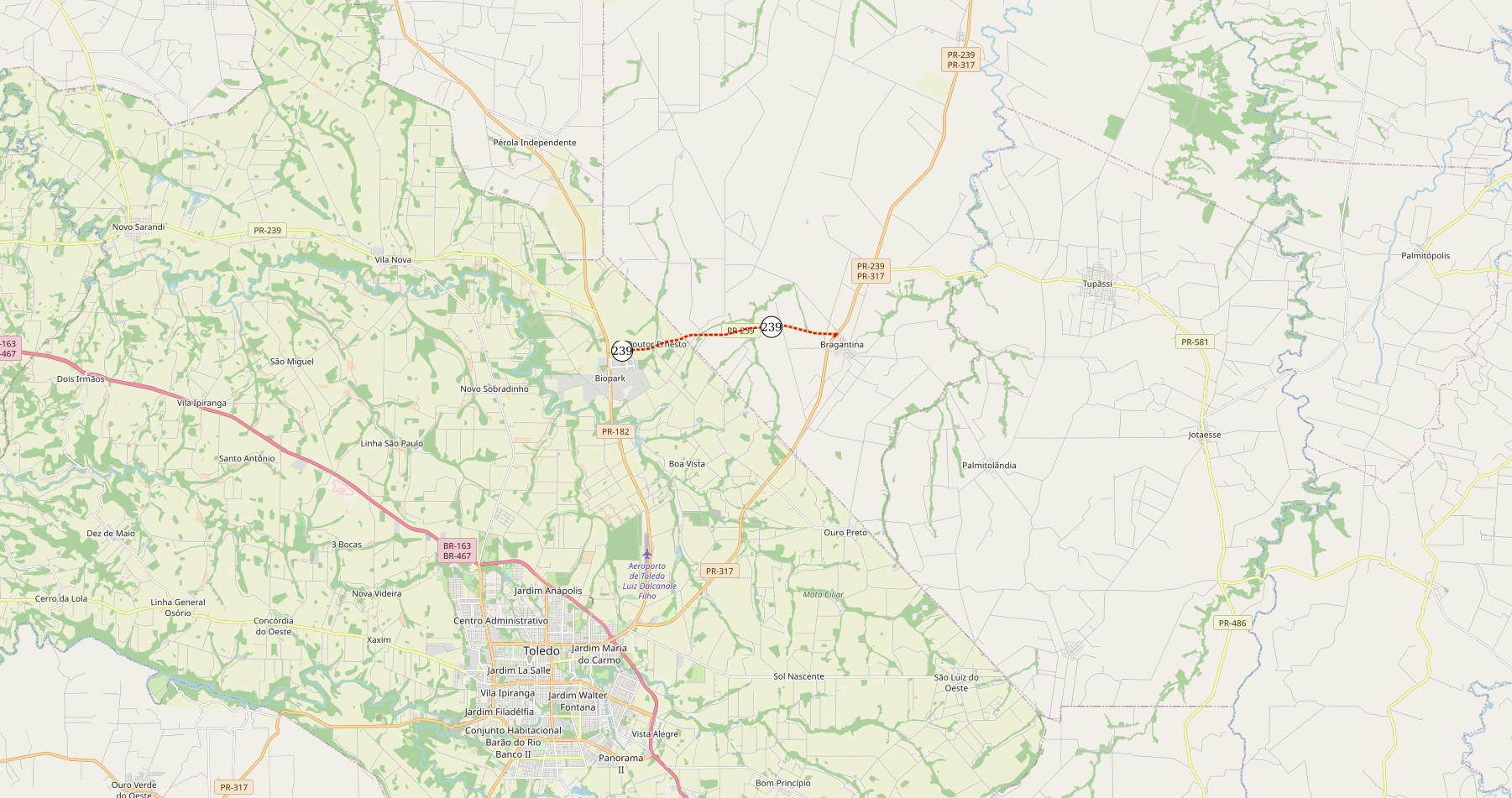 Mapa indicando trecho em obras da PR-239 entre Toledo e Bragantina (distrito de Assis Chateaubriand)