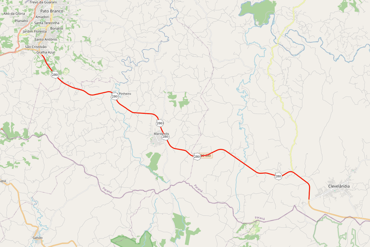 Mapa do trecho da PRC-280 entre Pato Branco e Clevelândia que passará por obras