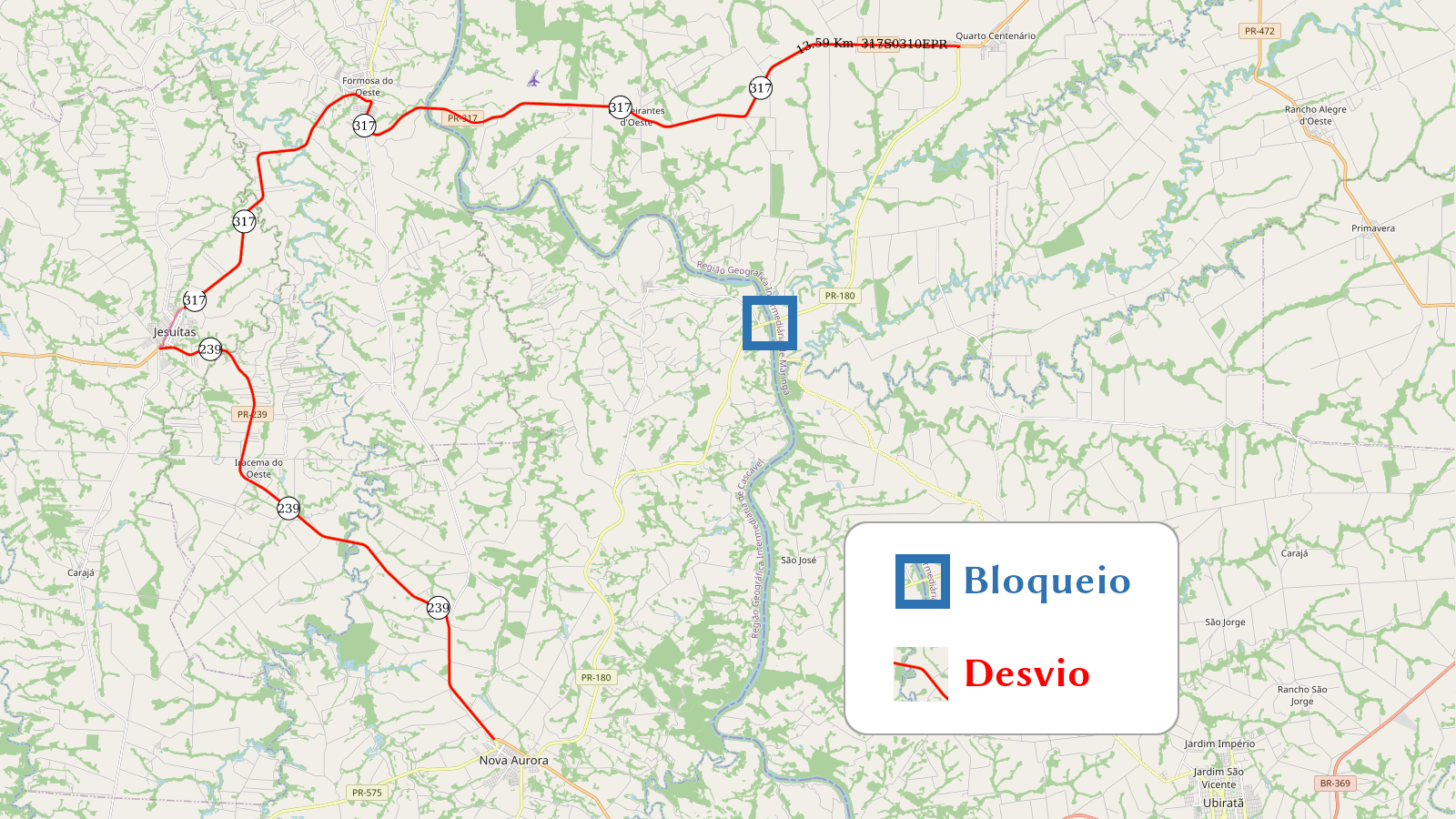 Mapa indicando a ponte sobre o Rio Piquiri na PR-180 entre Nova Aurora e Quarto Centenário e desvio