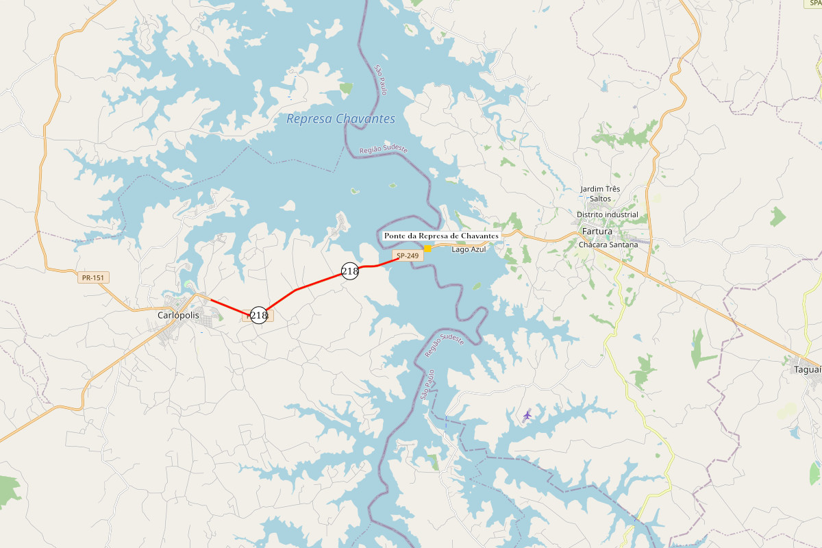 Mapa indicando a localização da ponte sobre a Represa Chavantes, entre Carlópolis e Fartura (SP)