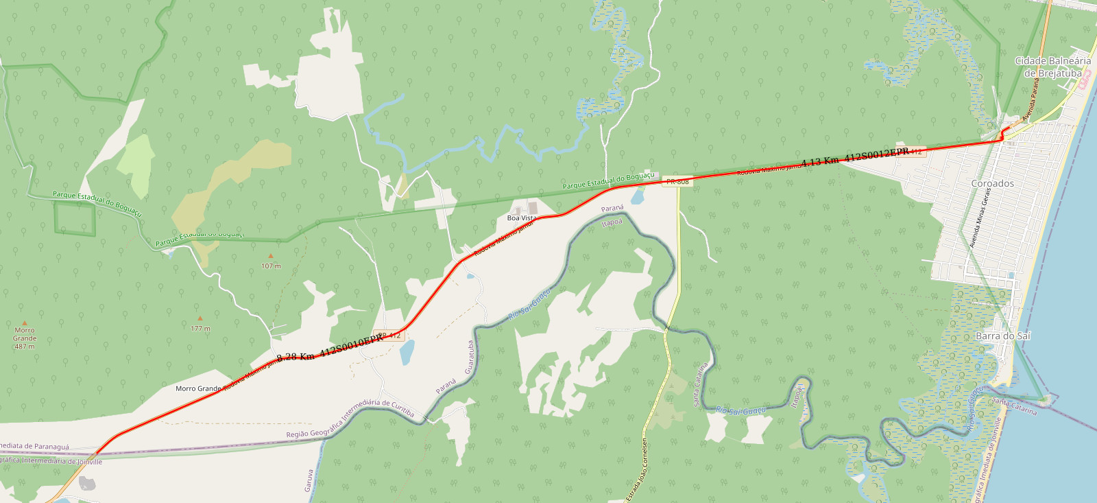 Mapa do trecho da PR-412 que será duplicada, de Guaratuba a Santa Catarina
