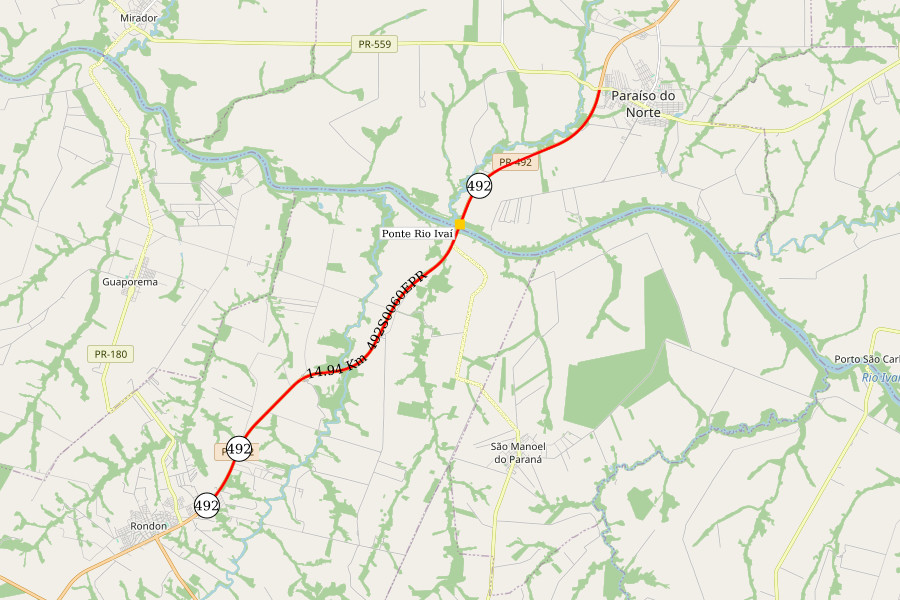 Mapa indicando trecho da PR-492 Ponte sobre o Rio Ivaí entre Paraíso do Norte e Rondon