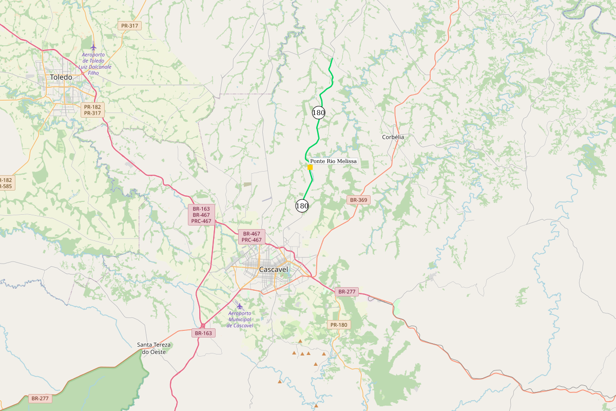 Localização da nova ponte sobre o Rio Melissa na PR-180 em Cascavel