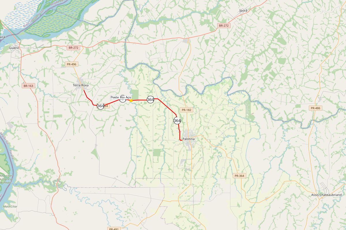 Mapa com a localização da ponte sobre o Rio do Açu na PR-364 em Terra Roxa