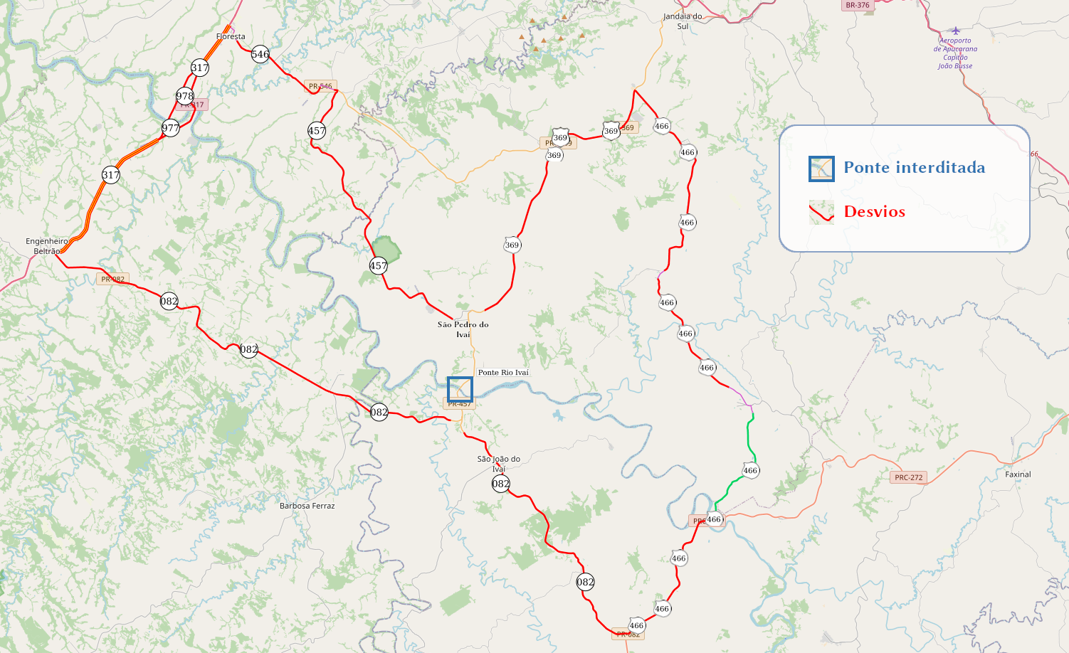 Mapa indicando a ponte e sugestões de desvios