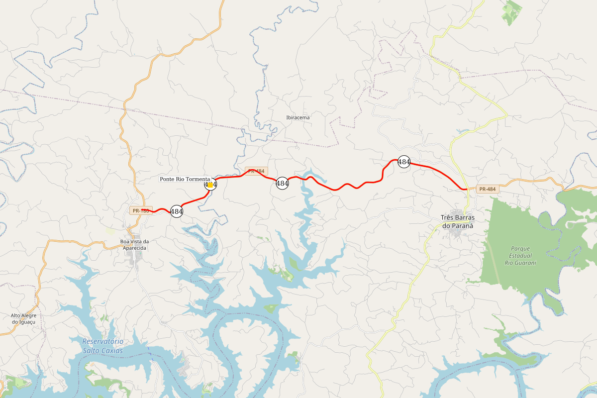 Mapa indicando localização da ponte sobre o Rio Tormenta, na PR-484, entre Três Barras do Paraná e Boa Vista da Aparecida