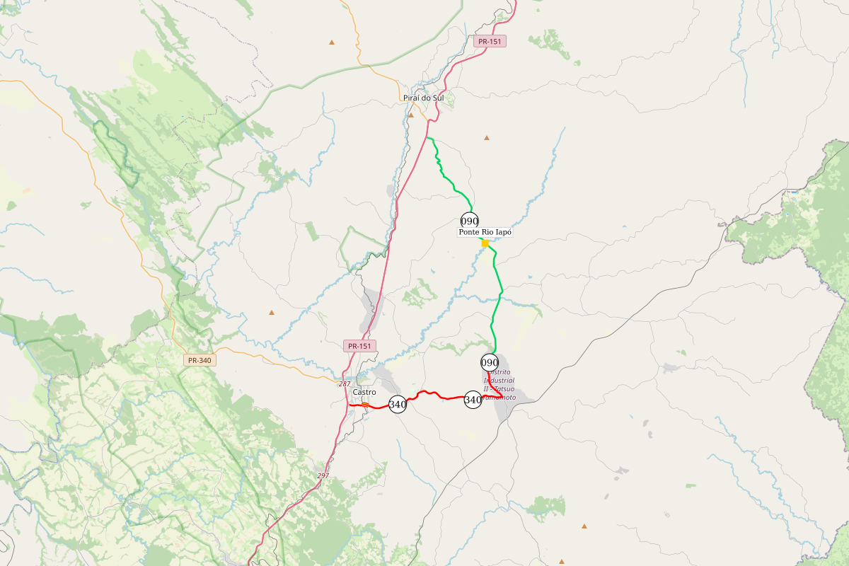 Mapa indicando localização da ponte sobre o Rio Iapó em Castro