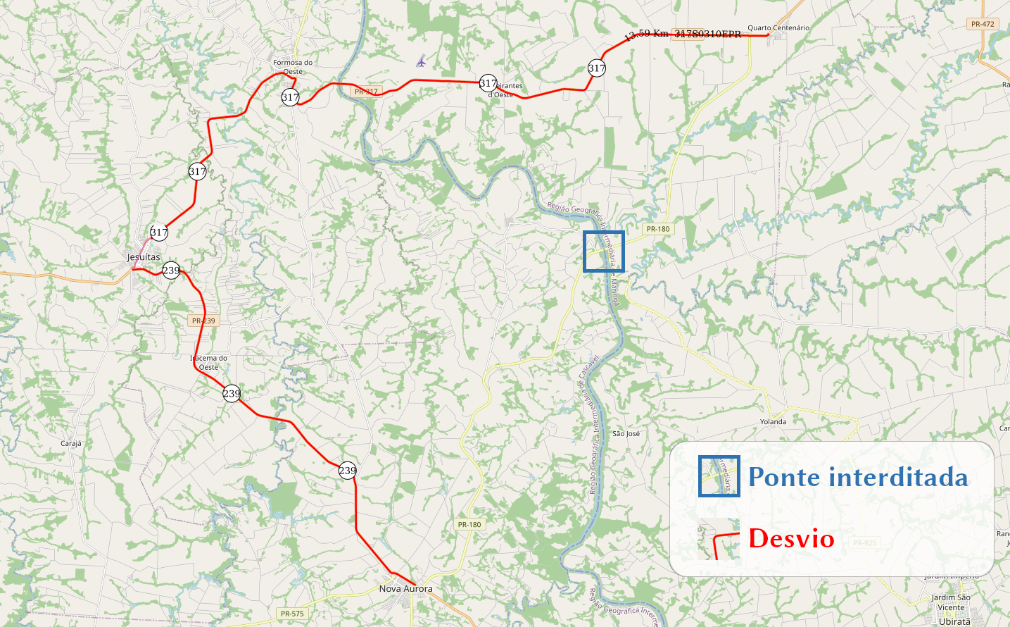 Mapa indicando bloqueio e rota alternativa