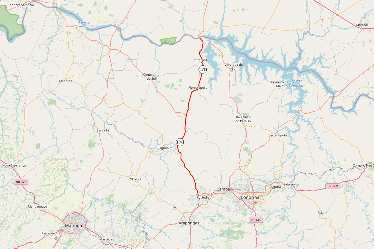 Mapa indicando trecho da PR-170 entre Rolândia e Porecatu