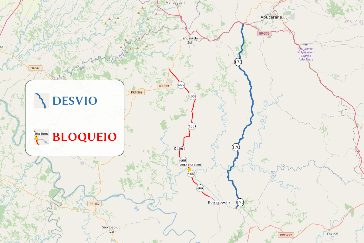 Mapa indicando a ponte bloqueada e o desvio sugerido