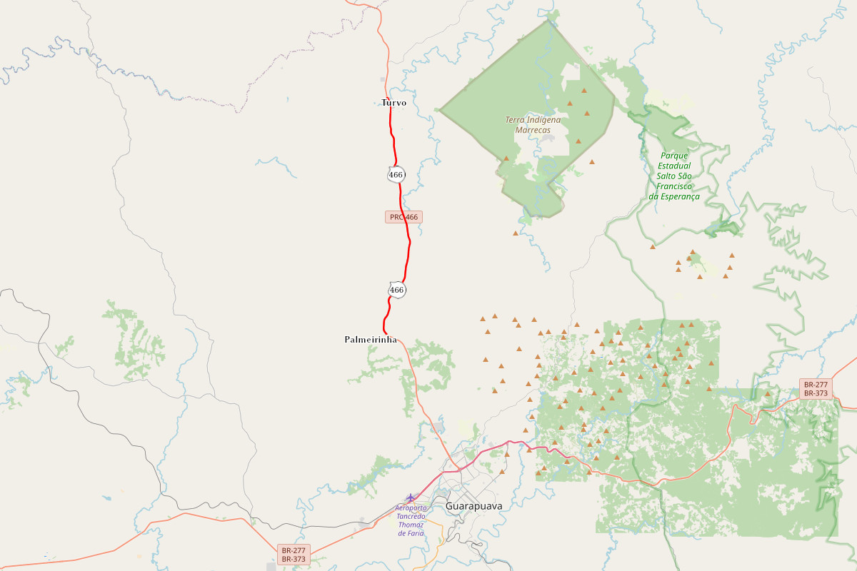 Mapa indicando trecho da PRC-466 entre Turvo e Palmeirinha