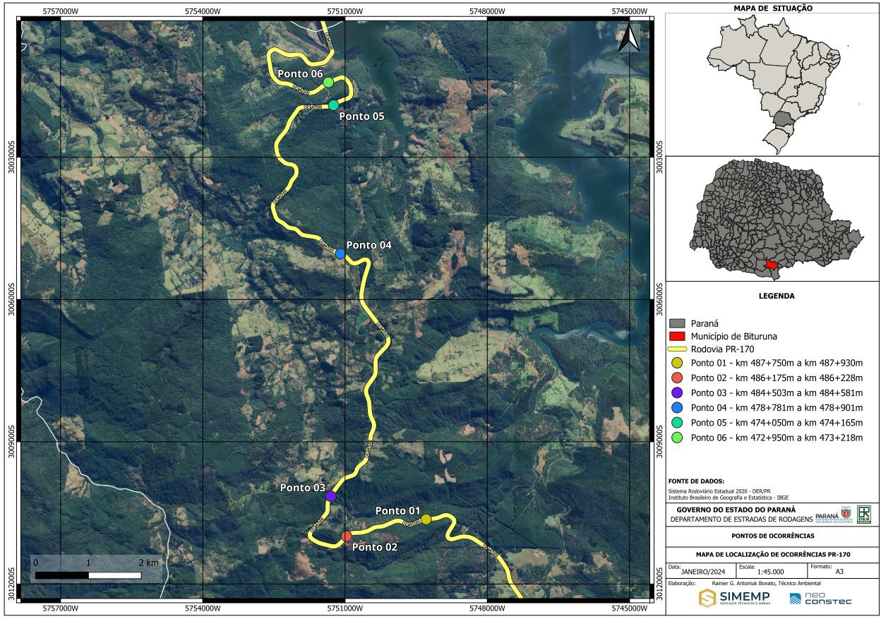 Mapa indicando os danos na PR-170