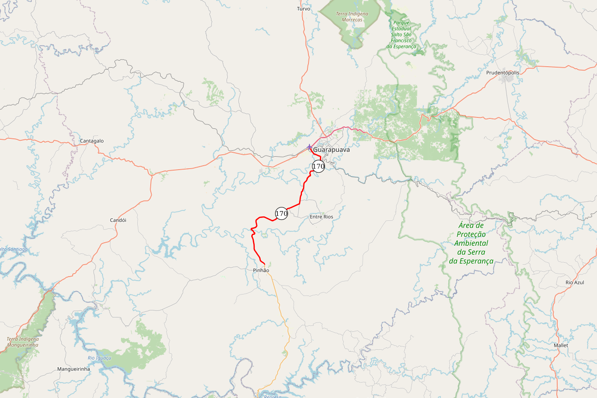 Mapa indicando trecho da PR-170 que recebeu serviços de conservação da faixa de domínio