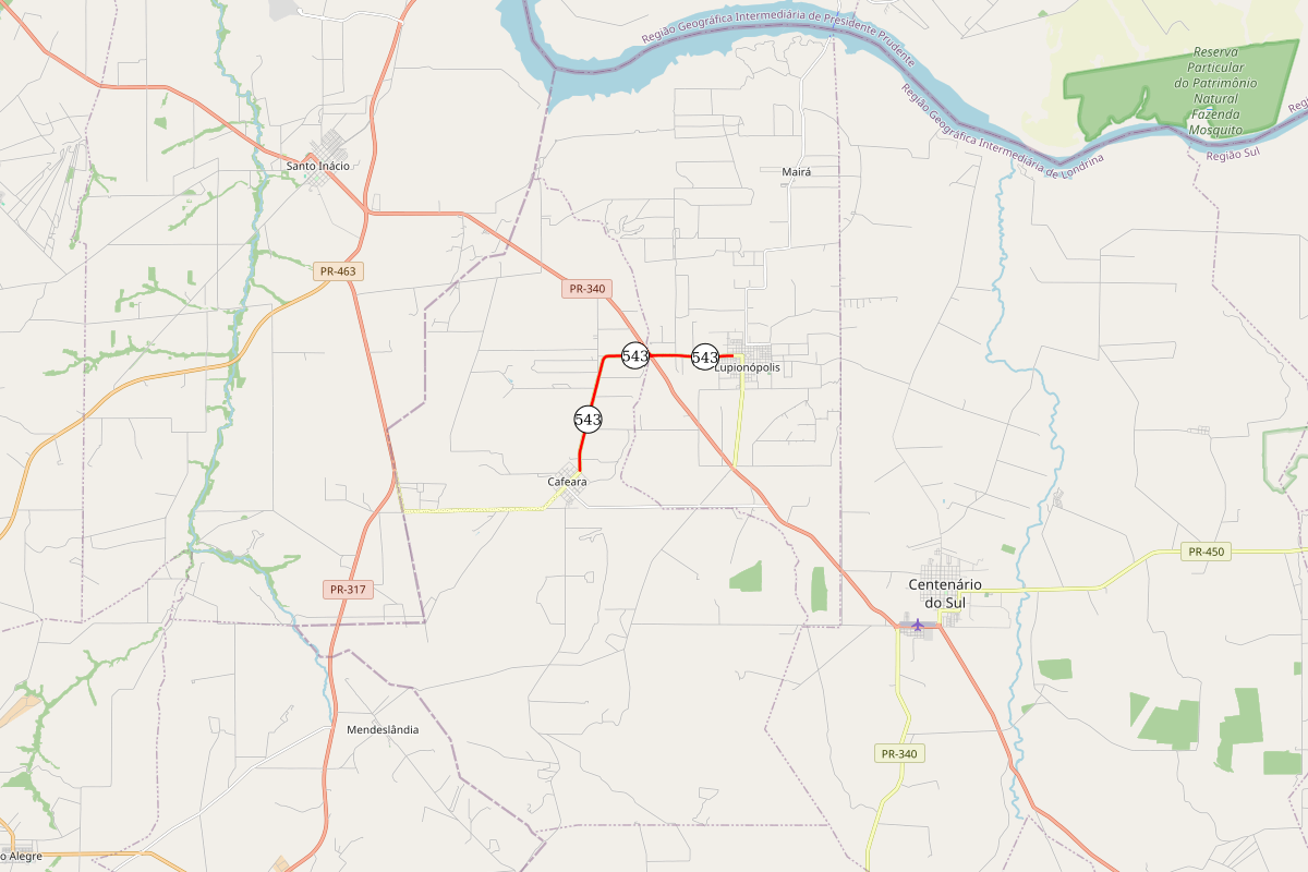 Mapa da PR-543 entre Lupionópolis
