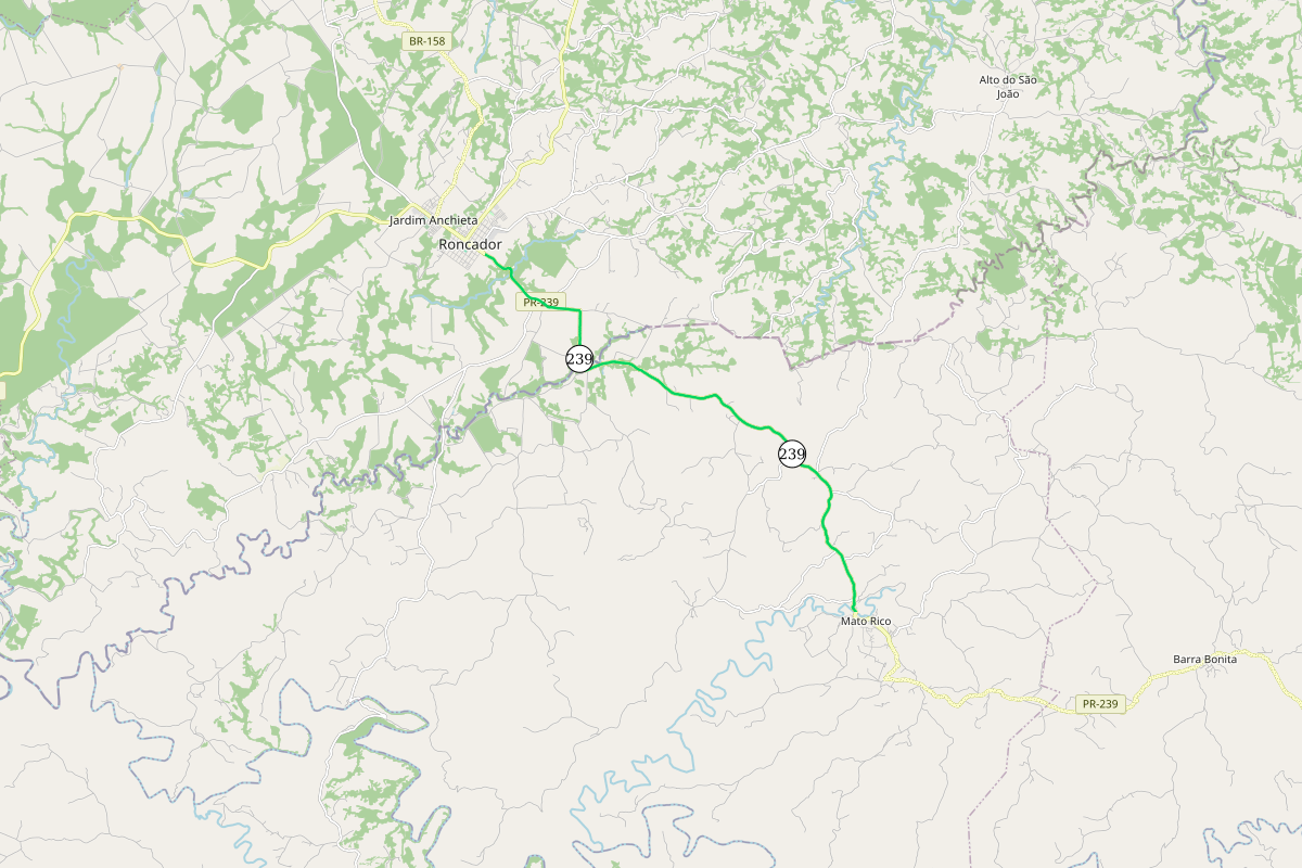 Mapa indicando o trecho da PR-239 de Mato Rico a Roncador
