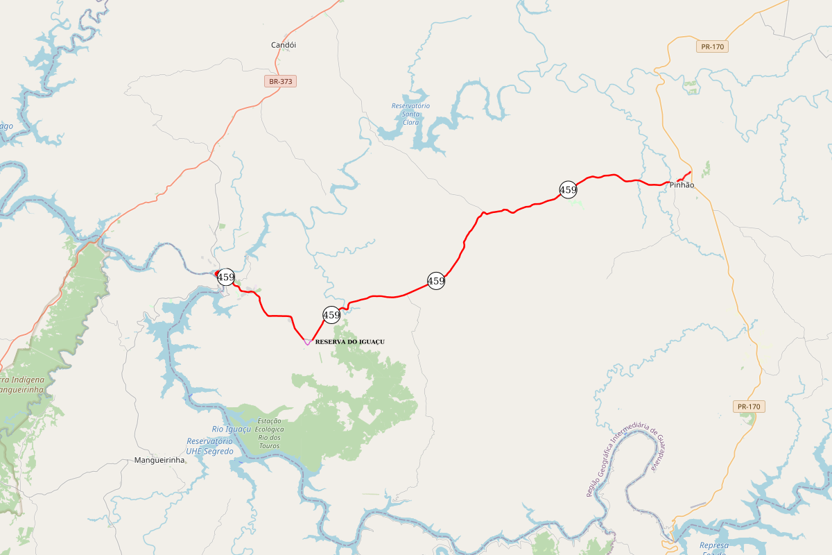 Mapa indicando trecho da PR-459 entre Pinhão e Reserva do Iguaçu