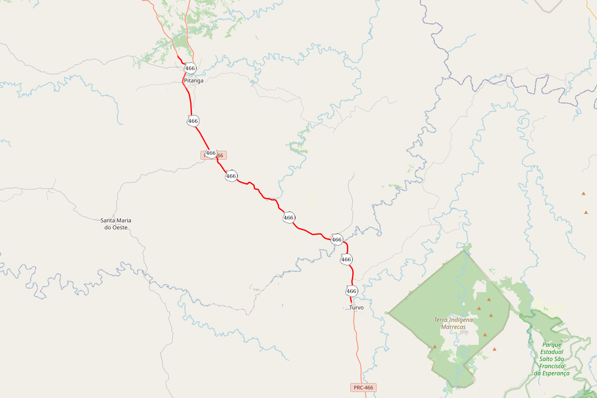 Mapa indicando trecho da duplicação da PRC-466 entre Pitanga e Turvo