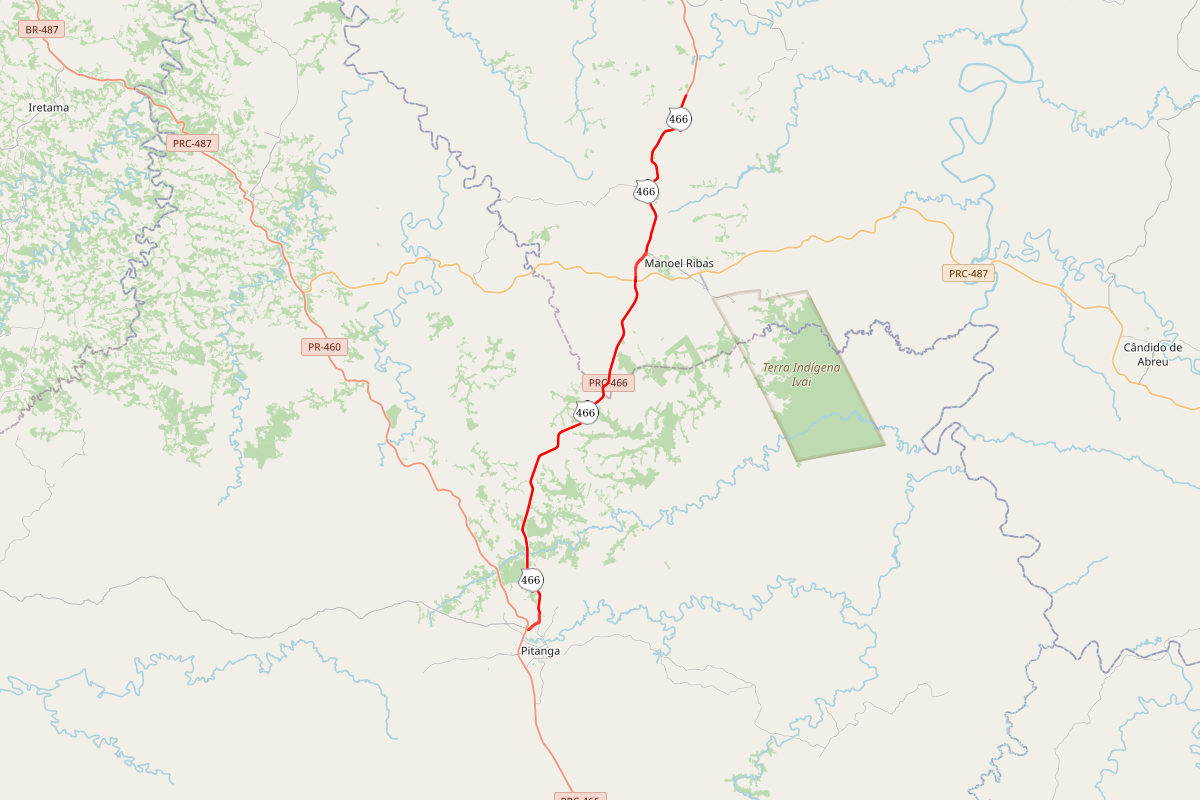 Mapa indicando trecho da PRC-466 que receberá whitetopping entre Pitanga Manoel Ribas