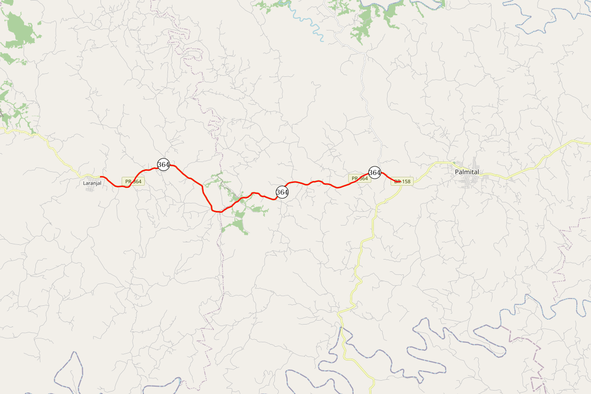 Mapa indicando trecho da PR-364 entre Palmital e Laranjal
