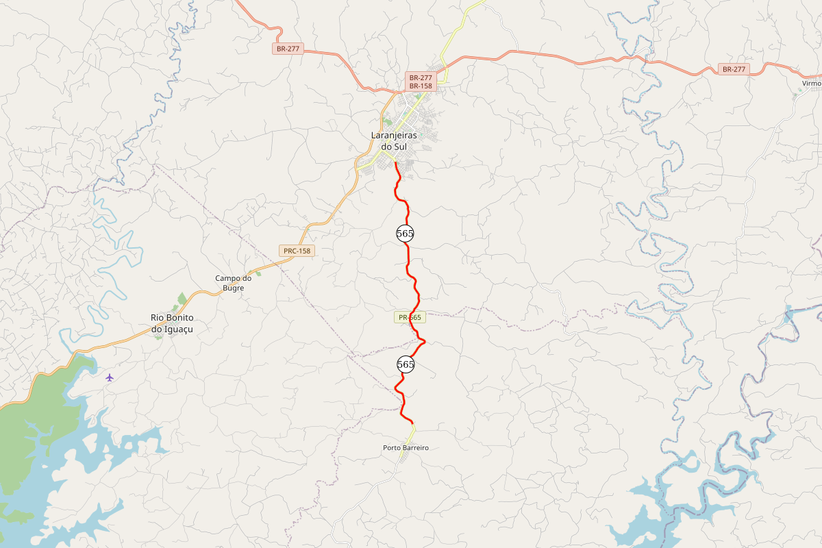 Mapa indicando trecho da PR-565 entre Laranjeiras do Sul e Porto Barreiro