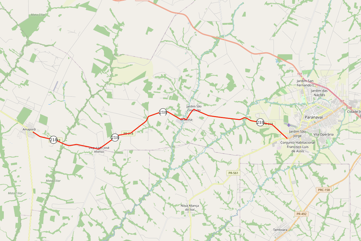 Mapa do trecho da PR-218 entre Paranavaí e Amaporã