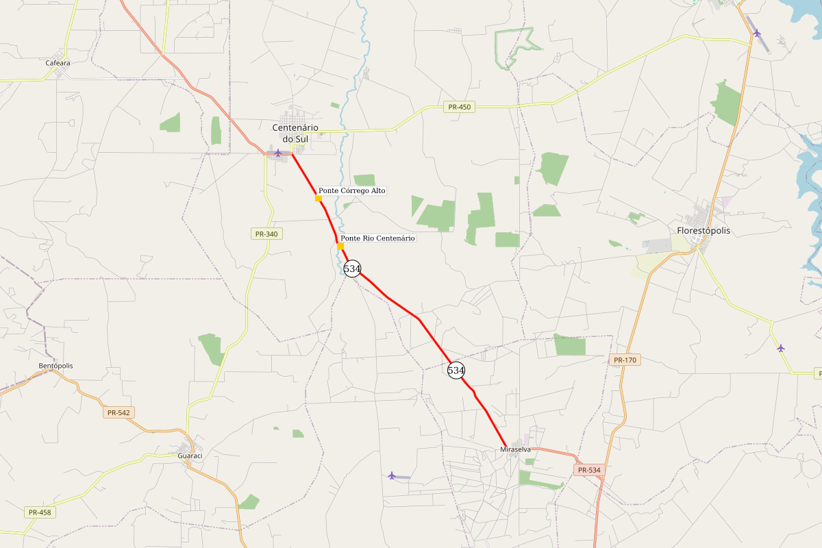 Mapa indicando as pontes da PR-534 que serão reformadas