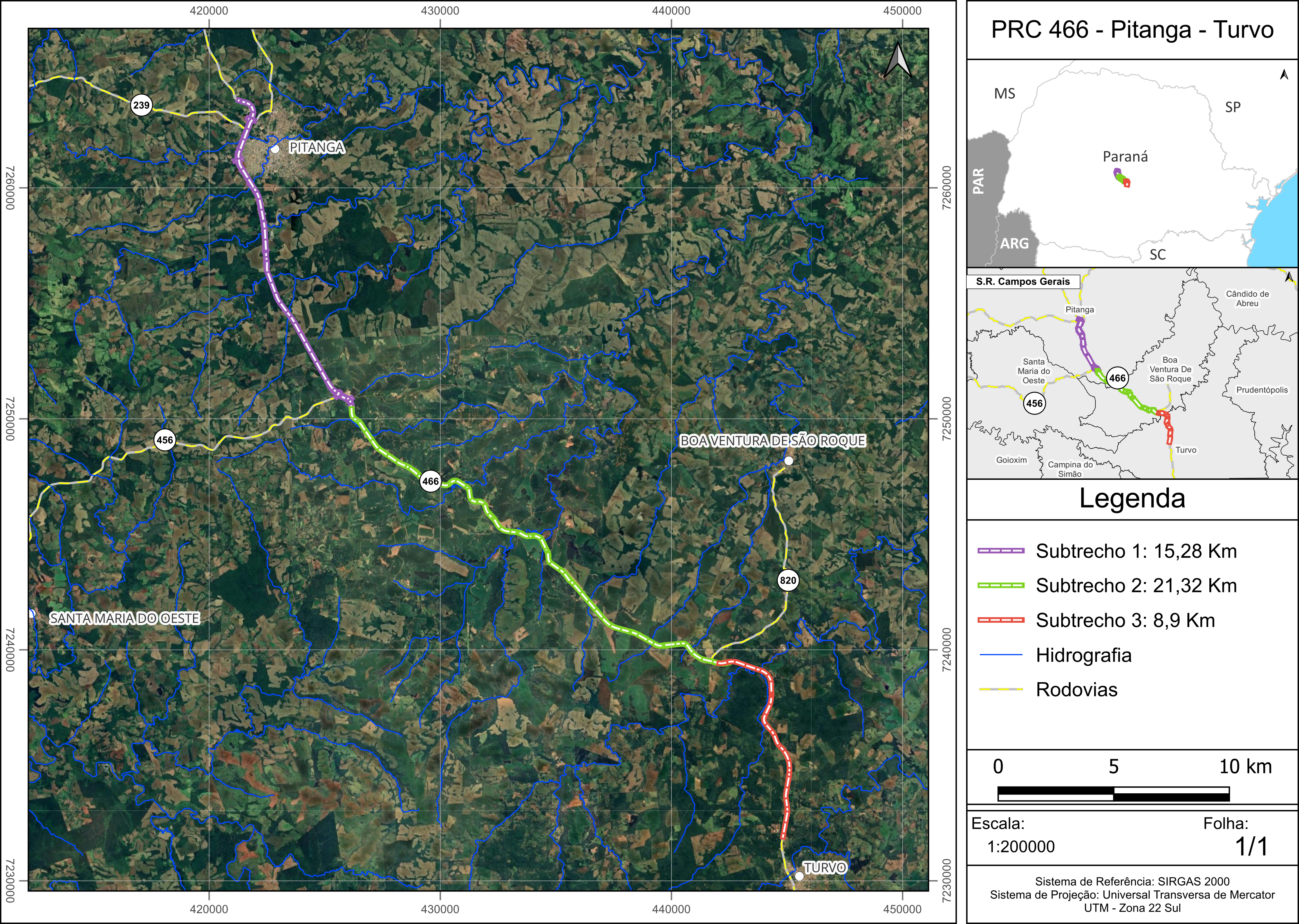 Mapa da obra de duplicação da PRC-466 entre Pitanga e Turvo