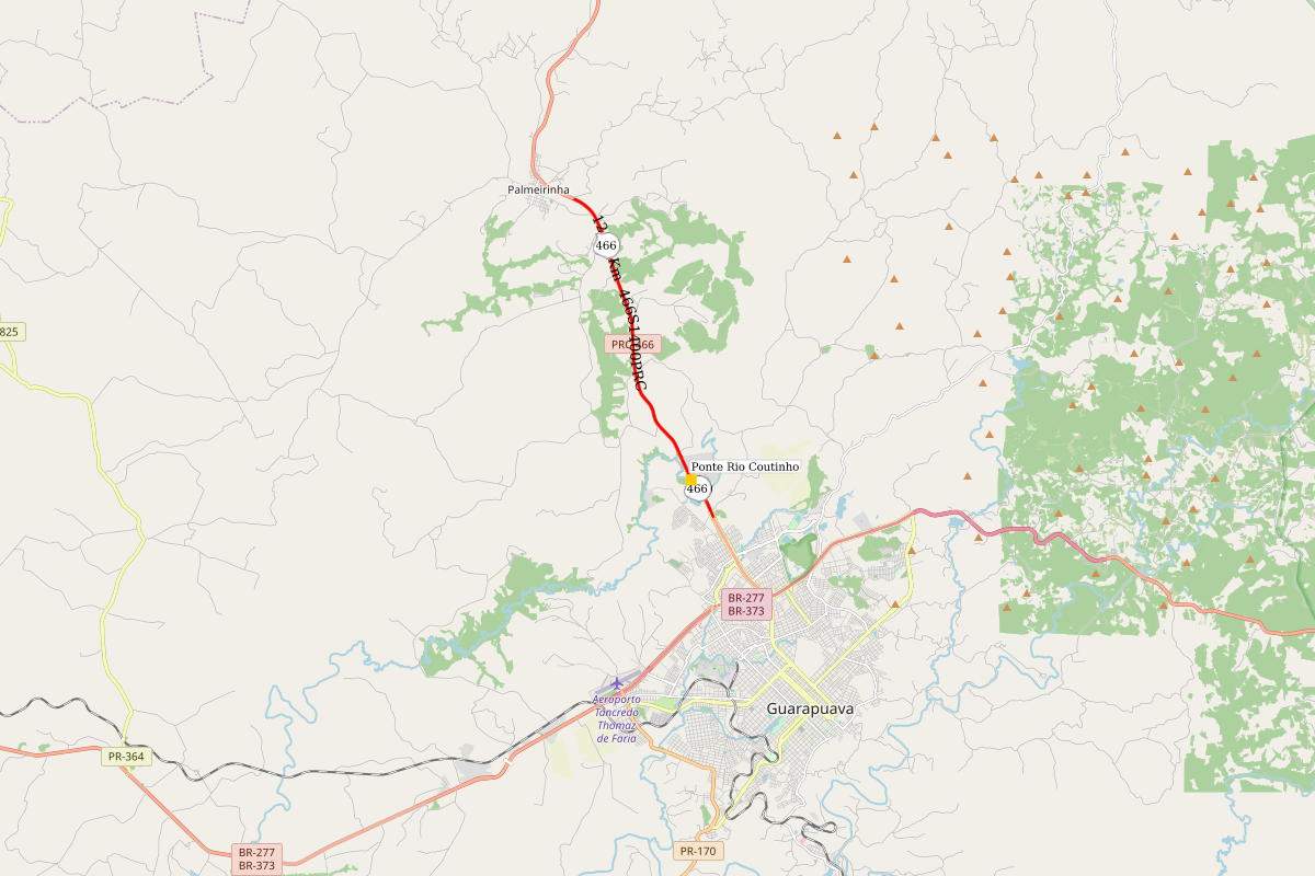 Mapa indicando trecho da duplicação da PRC-466 entre Palmeirinha e Guarapuava