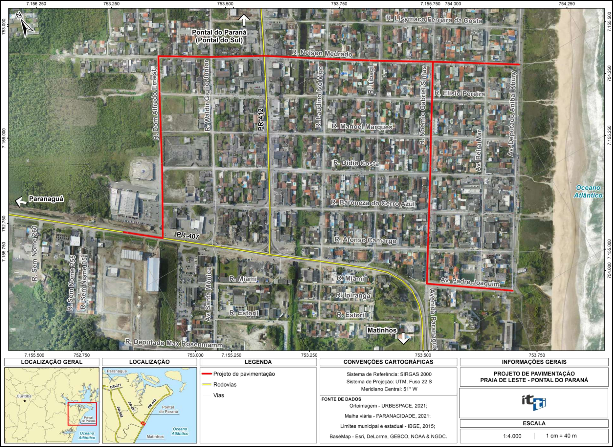 Mapa do Contorno de Praia de Leste em Pontal do Paraná