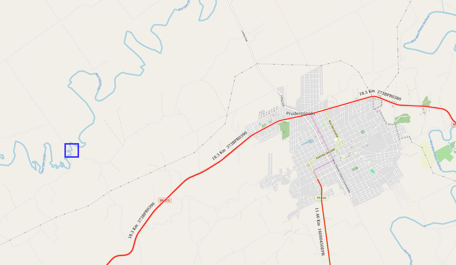Mapa indicando localização da ponte sobre o Rio São João em Prudentópolis