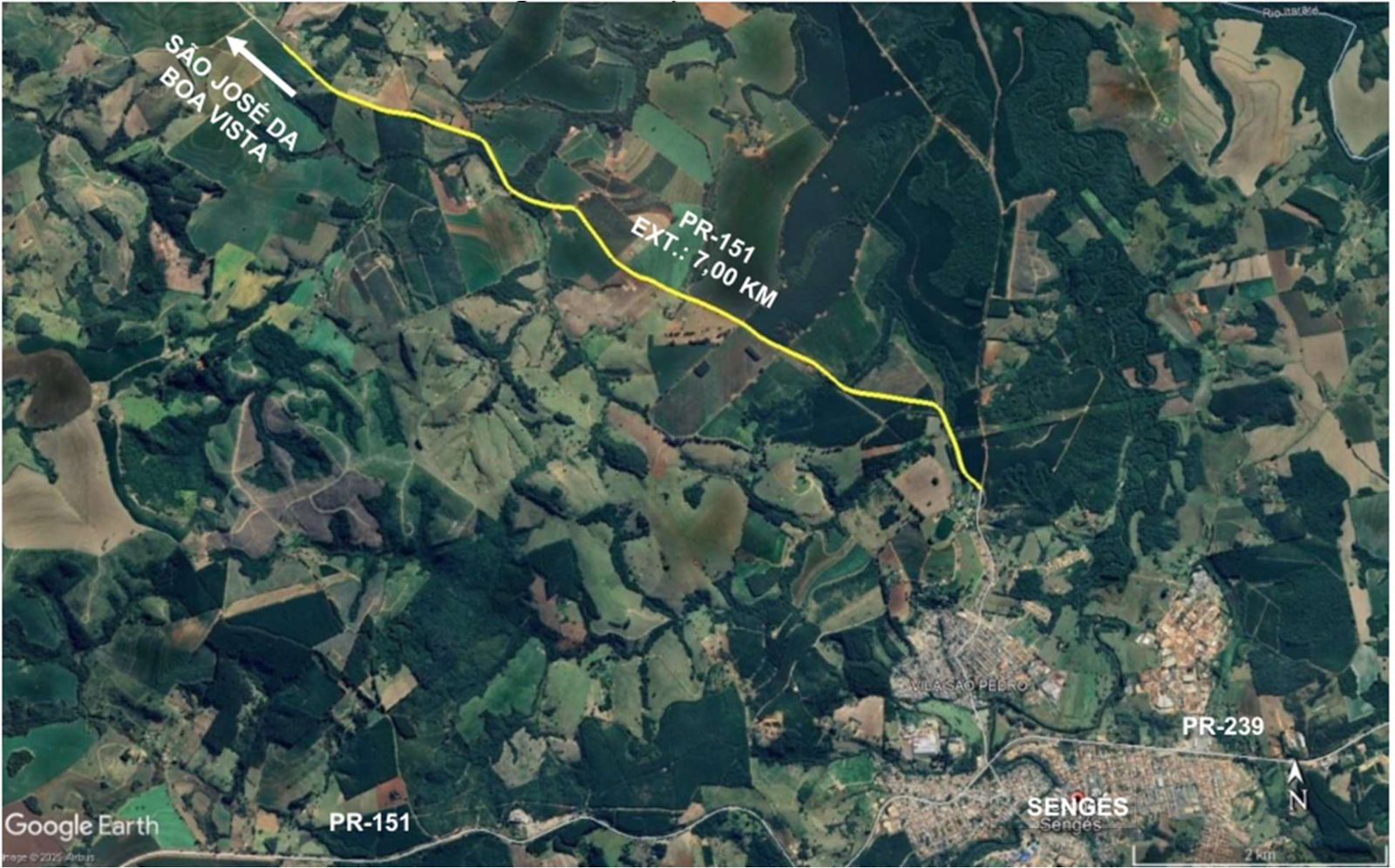 Mapa indicando trecho da PR-151 entre Sengés e São José da Boa Vista