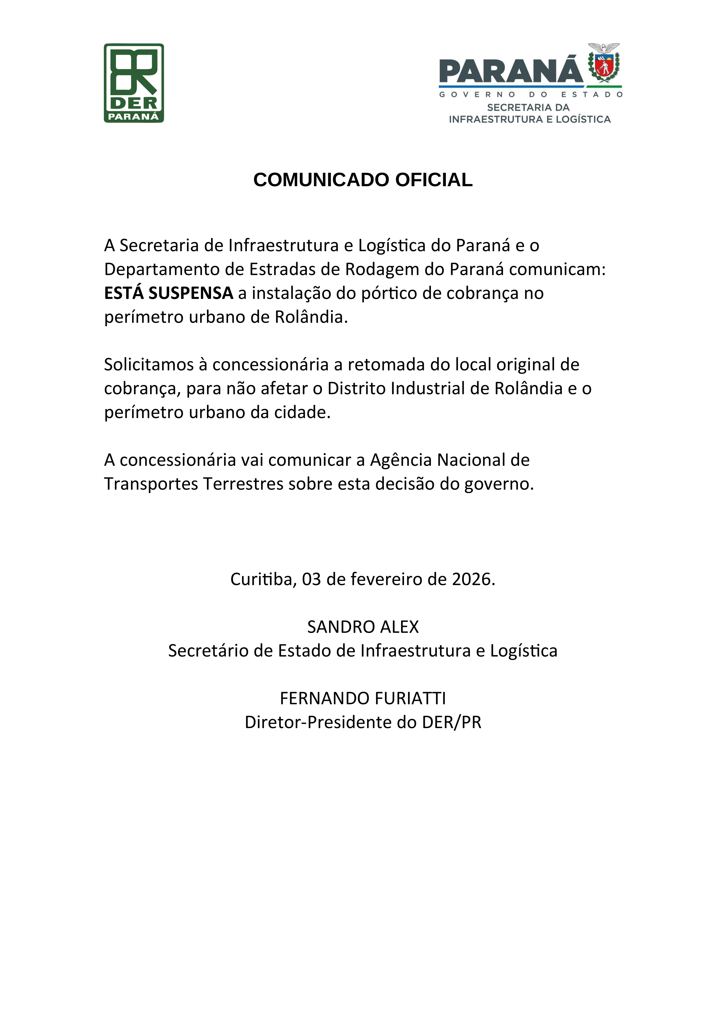 Comunicado oficial Rolândia