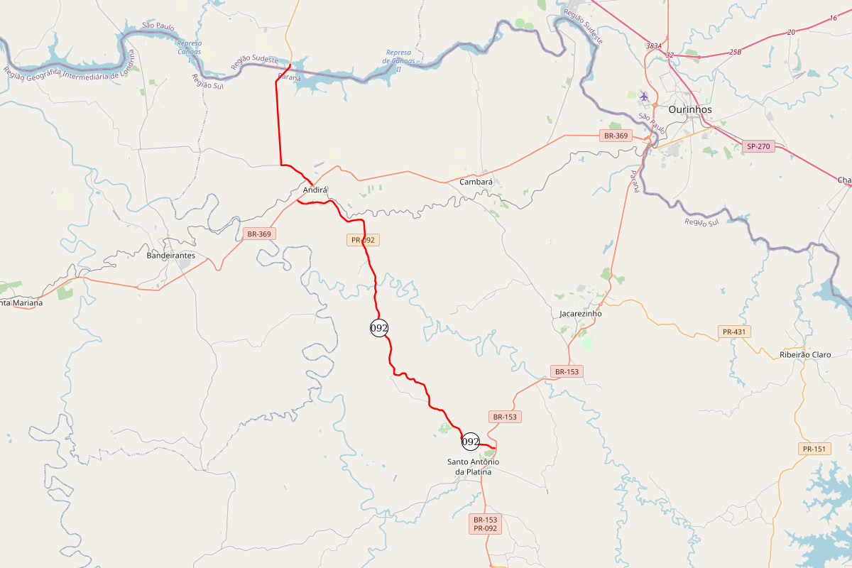 Mapa indicando trecho da PR-092 entre Santo Antonio da Platina e Andirá