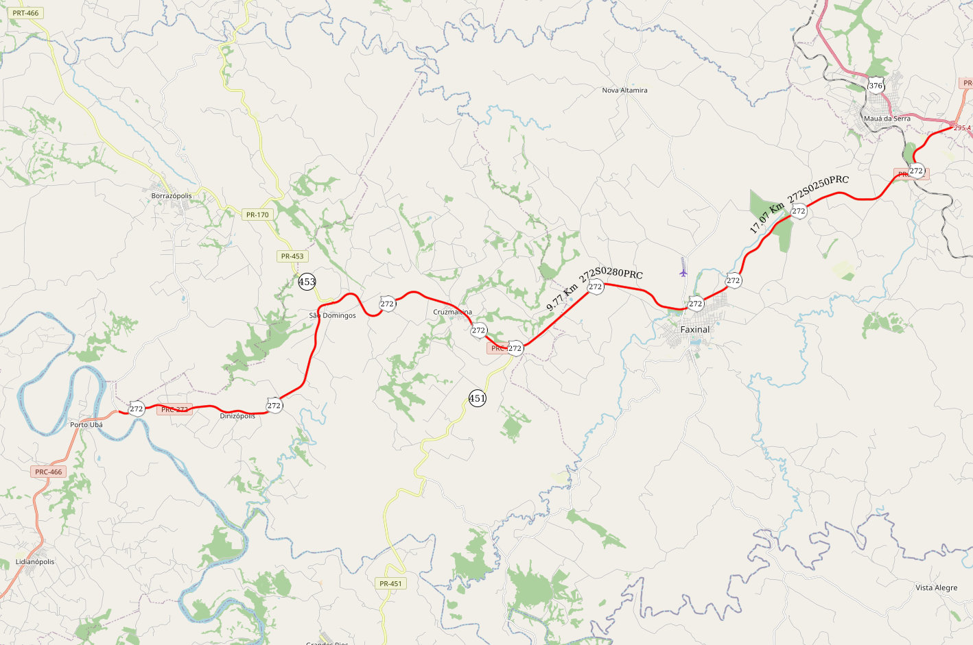 Mapa indicando a PRC-272 entre Mauá da Serra e Lidianópolis