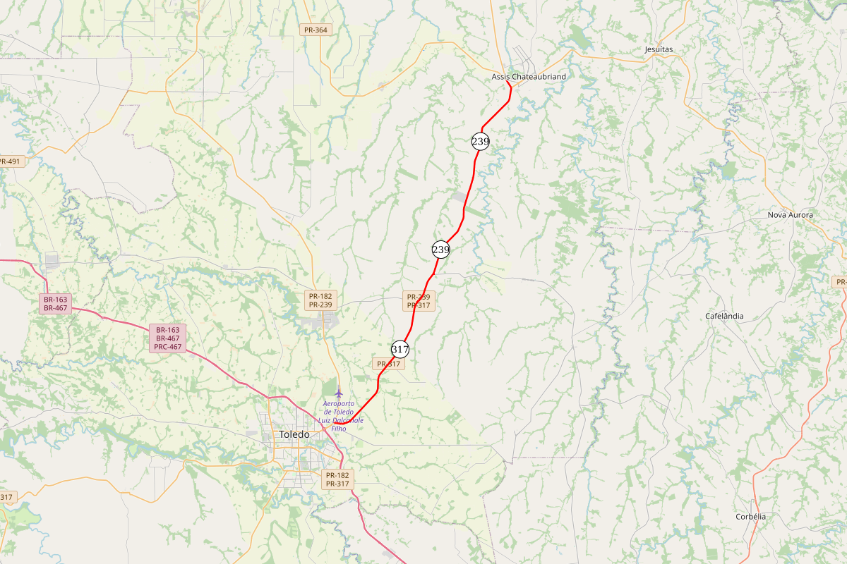 Mapa indicando trecho da PR-239 e PR-317 entre Toledo e Assis Chateaubriand