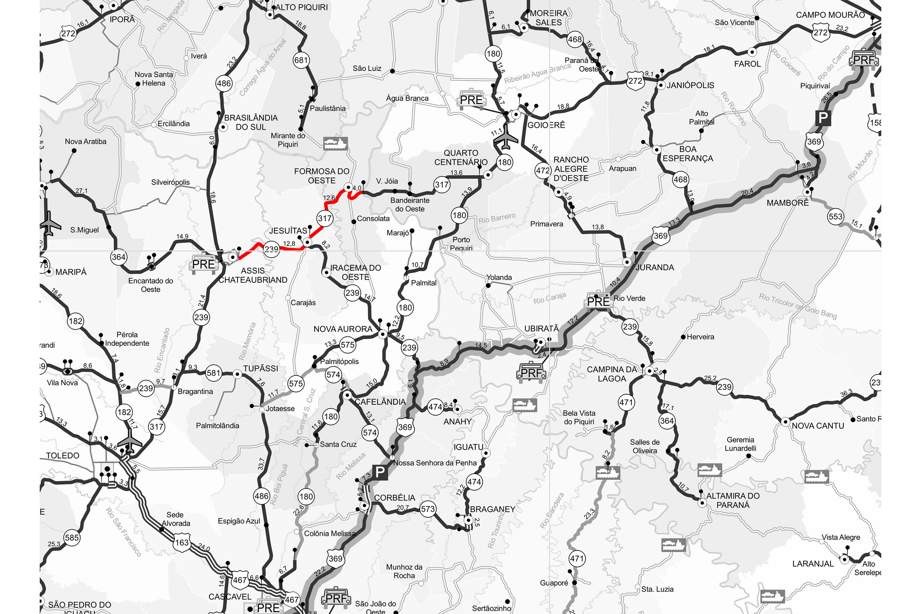 A PR-239 e a PR-317, na região Oeste, passam por serviços de conservação que vão beneficiar cerca de 50 mil pessoas. São executadas a reperfilagem, que consiste na aplicação de Concreto Betuminoso Usinado a Quente (CBUQ), e compactação desse material em pontos críticos da rodovia para resolver problemas como buracos e deformações.Foto: Divulgação/DER