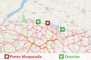 Mapa destacando bloqueio da ponte de Porecatu e desvios