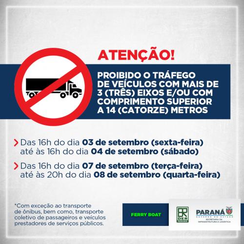 Aviso de proibição de veículos com mais de 3 eixos e mais de 14 metros